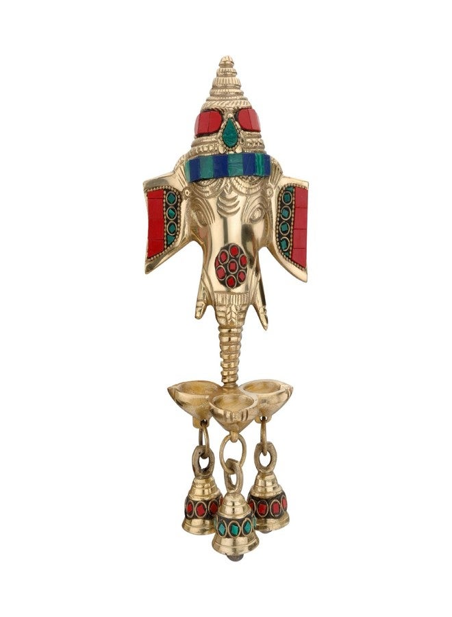 DEVDECOR, Gemstone Work Brass Ganesha Wall Hanging Diya with Bells for Home Decor, Brass Hanging Diyas Oil Lamp, Diwali Gifts, Diyas for Diwali, Ghanti for Pooja, Temple Decor, Pack of 1 - Image 3